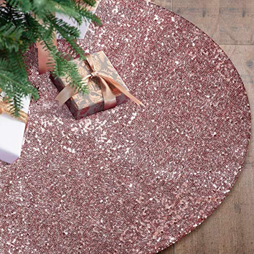 yuboo Pink Tree Skirt Decor, 48 Inch Sequin Pink Christmas Tree Skirt Mat for Rose Gold Christmas Decorations