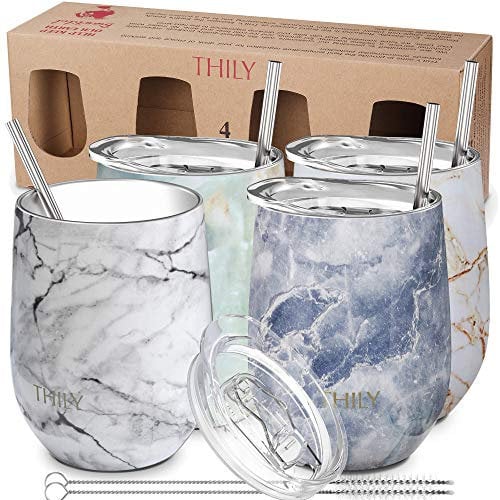 THILY Weingläser aus Edelstahl, vakuumisoliert, Reiseweingläser mit Schiebedeckel und Strohhalmen, 350 ml, hält kalt für Saft, Kaffee, Bier, 4 verschiedene Murmeln