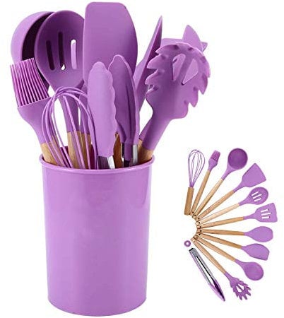 Ustensiles de Cuisine en Silicone Ensemble d'ustensiles de Cuisine poignées en Bois résistant à la Chaleur Gadgets de Cuisine Gris Outils pour ustensiles de Cuisine antiadhésifs (Violet-12pcs)