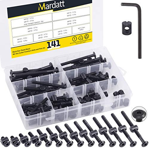 Mardatt 140Pcs M6 Crib Screws Hardware Replacement Kit Baby Bed Hex Socket Head Screws Bolts and Barrel Nuts w 1 Allen Wrench -14 Sizes Crib Bolts for Furniture