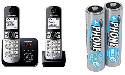 Panasonic KX-TG6822GB DECT Schnurlostelefon mit Anrufbeantworter schwarz & ANSMANN Akku AA Mignon 1300 mAh 1,2V NiMH für Schnurlostelefon 2 Stück - Wiederaufladbare Batterien