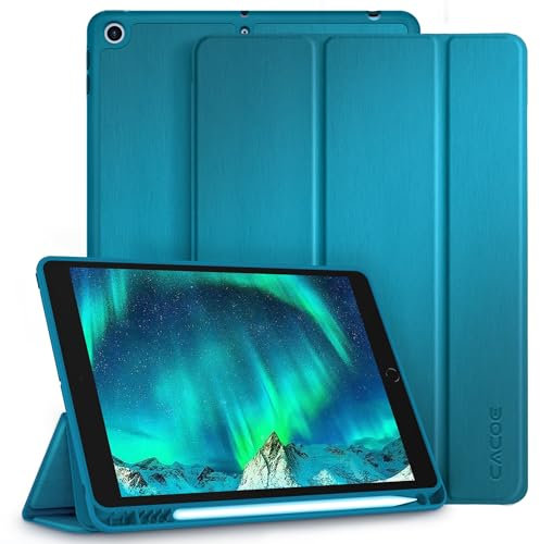 CACOE Hülle für iPad 9./8./7. Generation mit Stifthalter 10.2 Zoll Modell 2021/2020/2019, Ultradünne Schutzhülle aus TPU mit Standfunktion für iPad 10.2, Pfauenblau