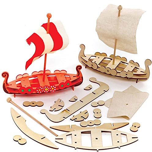 Baker Ross FE627 Römisches Schiff Holz Bastelset - 3er Pack, Kleine Bausätze für Kinder zum Basteln, Mittel