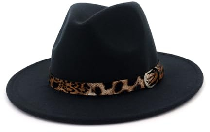 Damen Panama Hüte breite Krempe Filz Fedora Hüte mit Leopard Gürtelschnalle