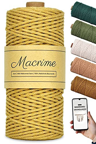 Premium Makramee Garn 3mm x 100m [Senfgelb] + Anleitung/Ebook - 100% natürliche Baumwolle, 4-Fach gezwirntes Baumwollgarn - DIY Baumwollkordel zum Basteln