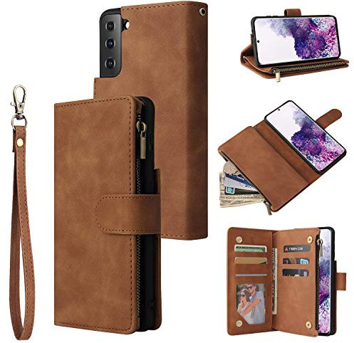 QLTYPRI Hülle für Samsung Galaxy S22, Premium Leder Handyhülle mit Große Kapazität 6 Kartenfach & 1 Reißverschluss Tasche Ständer Schutzhülle für Samsung Galaxy S22 - Braun