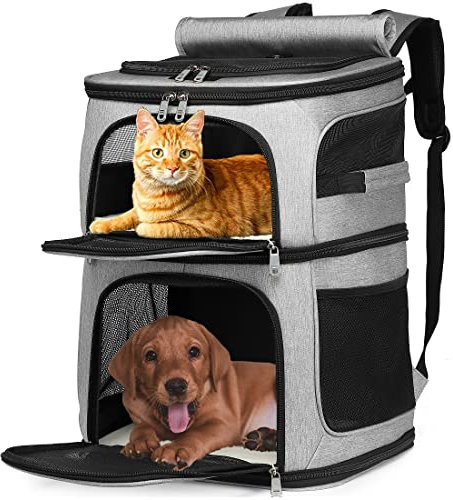 Katzenrucksack Tragetasche für 2 Katzen, Katzentrage für große Katzen, Hunderucksack für 2 kleine Hunde, mit 7 Belüftungsfenstern, Eingebautem Rahmen und Stützplatte, Zusammenklappbar, Beviliu