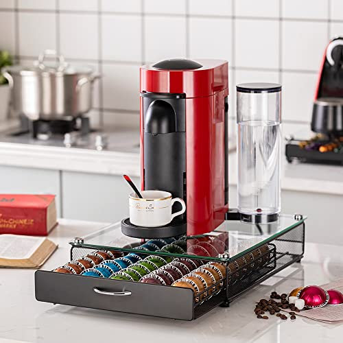 FlagShip Für Nespresso-Kapseln, Kaffeekapsel-Aufbewahrung für Vertuo Pod mit kristallklarer Tischplatte aus gehärtetem Glas (Kapazität 50 Kapseln)