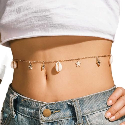Inateannal Boho Taille Körper Kette Gold Muschel Stern Bauch Kette Sexy Strand Bikini Bauch Kette Körper Zubehör Für Frauen Teenager-Mädchen