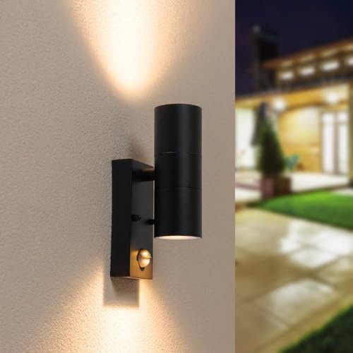 HOFTRONIC - LED Außenwandleuchte mit Bewegungsmelder und Dämmerungsschalter - GU10 2700K Warmweiß Schwarz - Up and Down wandleuchte - Moderne Wandlampe IP65 wasserdicht für Garten, Terrasse, Carport