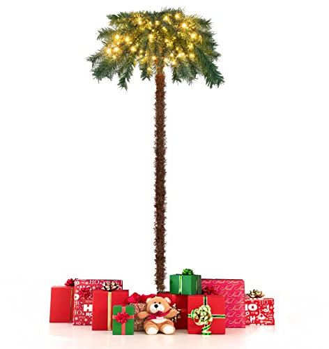 GOPLUS 150cm künstlicher Weihnachtsbaum, Weihnachtspalme mit 150 warmweißen LED-Leuchten, 63 Ästen & künstlichem Stamm, Lichterbaum Weihnachtsdeko für Wohnzimmer, Ladenschränke & Eingänge