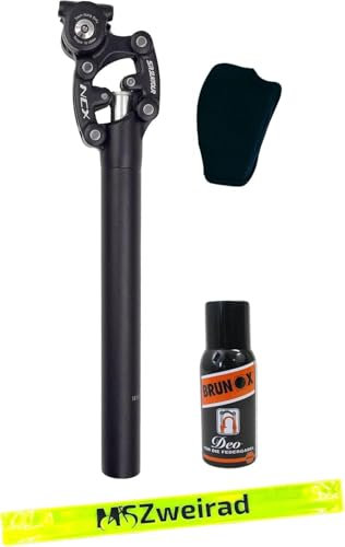 Suntour Federsattelstütze SP12/25-NCX Durchmesser 27,2mm, Länge 350mm,Gewicht bis 70kg, 65-95kg, 95-120kg Parallelogramm inklusive Brunox Deo und MSZweirad Reflexband
