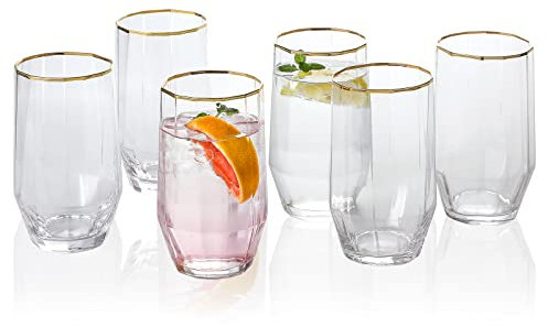 Gold Rim Highball Glasses set of 6, 21.5 oz Crystal Clear Large and Tall Drinking Glasses for Mojito, Cocktail, Water, beer, Coke, Soda and Mixed Drinks