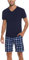 Bresdk Pigiami Uomo Cotone Corto Manica Corta Pigiama Estivo 2 Pezzi Leggero Maglia con Scollo a V e Pantaloncini Scozzesi, Plaid - Blu Scuro, XL