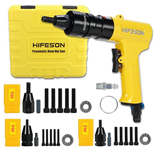 HIFESON Pneumatic Rivet Nut Gun (M4 & M5 & M6) Air Rivet Nut Pull Setter Tool with 3 Size Quick-Change Nose-Piece Assembly, 5pcs Mandrels Included with Each Size