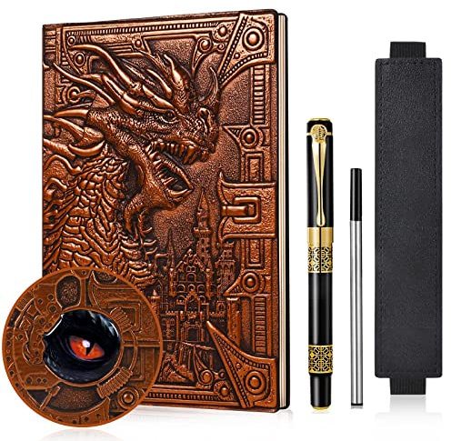 DND Dragon Notizbuch 3D geprägtes Ledertagebuch A5 Antigue Reisetagebuch mit Pen&Pen Sleeve,D&D Daily Diary Lined Writing Notebook(Rotdragon)