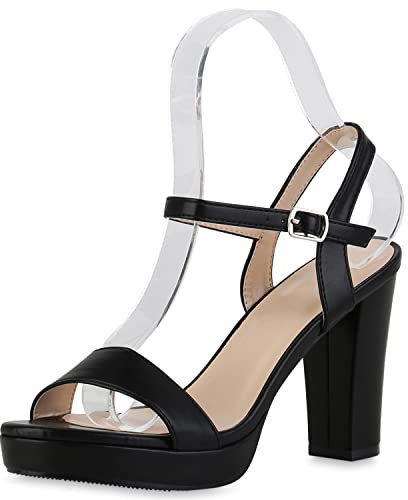 VAN HILL Damen Riemchensandaletten Sandaletten Blockabsatz Schuhe Party Absatzschuhe Elegante Plateau Vorne Riemchenschuhe 211522 Schwarz 39