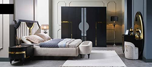 JV Möbel Schlafzimmer Bett Nachttisch Kleiderschrank Kommode Spiegel Hocker Schwarz 7tlg