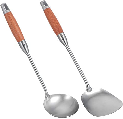 HonGien 2 Stück 304 Edelstahl Spatel Löffelset,Kochzubehoer Set, Wokspatel und Schöpfkelle mit hitzebeständigem Birnbaumholzstie