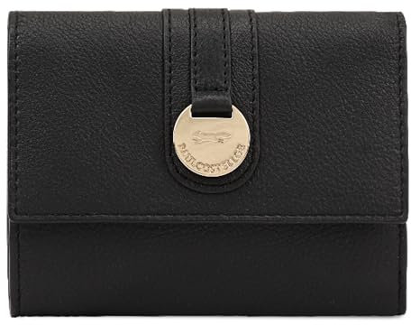 Paul Costelloe LAWA Damen-Geldbörse aus echtem Leder mit Klappe und goldfarbenem Logo, geprägte Hardware, RFID-blockierend, Bifold Wallet mit Reißverschluss, stilvolle Designer-Geldbörse, jet black