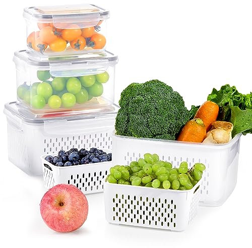 Funtopia Fresh Food Storage Containers with Lids 4 Pack(4.15L+3.15L+1.7L+0.8L), Fruit Storage Containers for Fridge & Drain Basket, Kitchen Fruit Vegetable Container Storage for Refrigerator