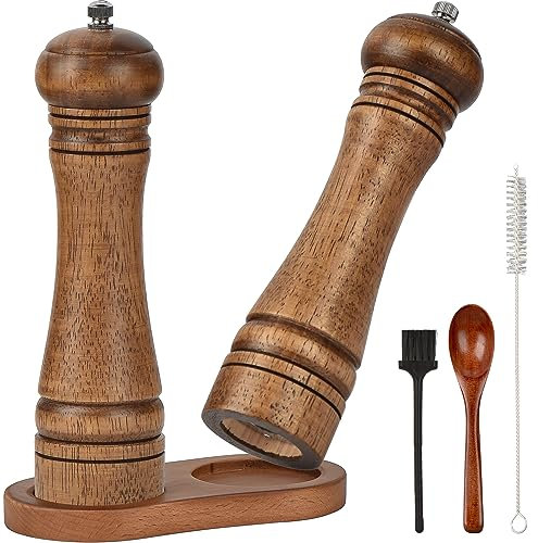 Holz Salz und Pfeffermühle, JOYCEMALL 6 er-Set Verstellbarer Gewürzmühle mit Keramikmahlwerk - Pfeffer und Salzmühle, Löffel, 2 Bürste, Untersetzer - Küchenhelfer Geschenkidee (22cm) - Walnuss