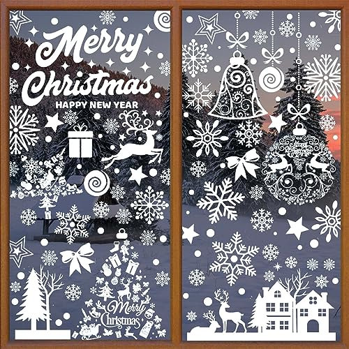 TERJBG 193 Stk Fensterbilder Weihnachten, Weihnachtsdeko Schneeflocken und Häusern, Selbstklebend, Wiederverwendbar, PVC, Weiß, Fensterdeko für Winter und Weihnachten