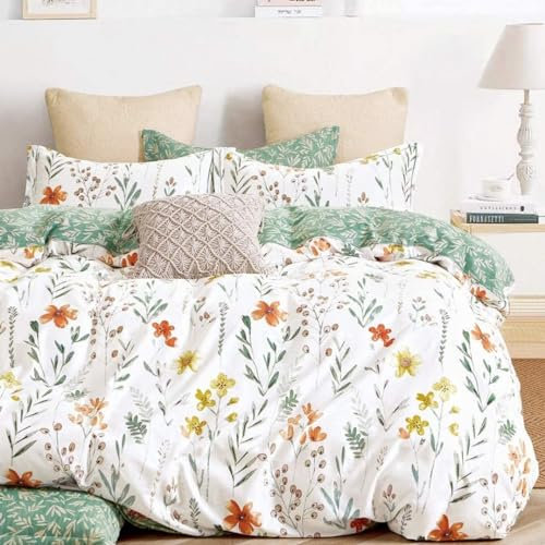 SLEEPBELLA Baumwolle Queen-Size-Bettdecke, gelbe Blumen und grünes botanisches Muster, gedruckt auf weißem 100 % Baumwollstoff, ultraweiche Mikrofaser-Innenfüllung, 3-teiliges Bettwäsche-Set