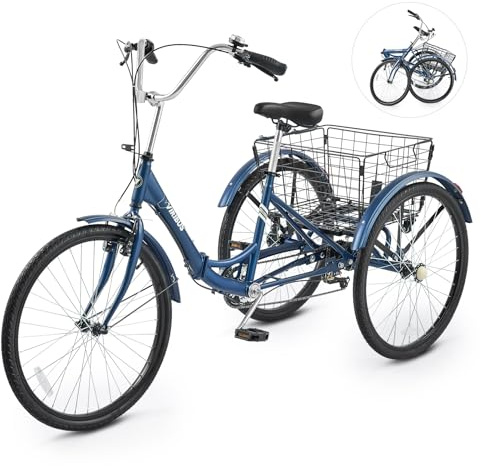 Viribus Folding Adult Tricycle, 24 Inch 3 Wheel Bike with Large Detachable Basket, 7 Speed Low Step-Through Tricycle for Men Women Seniors, Adult Trike Bike for Shopping Picnic Beach, Midnight Blue