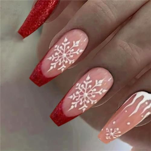 Snowflakes Glitter Red Fake Nail Long Coffin Press on Nails French Tips Nail Art Decoration for Women and Girls Manicure 24pcs