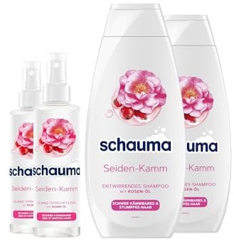 Schauma Sprühpflege Seiden-Kamm (2x200 ml) Hitzeschutz für seidig-glänzendes Haar & Entwirrendes Shampoo Seiden-Kamm (2x400 ml) Glanz für stumpfes Haar, mit Rosen-Öl