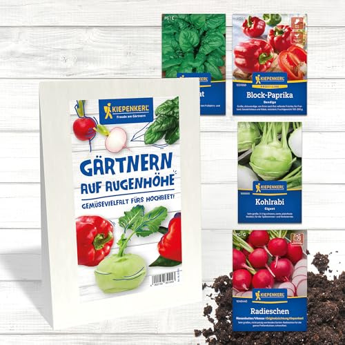 Kiepenkerl Saatgut-Set Gärtnern auf Augenhöhe 65104, Gemüsesaat | Gemüsevielfalt für's Hochbeet, Spinat, Paprika, Radieschen & Kohlrabi, Ratgeber, Schossfest, aromatisch