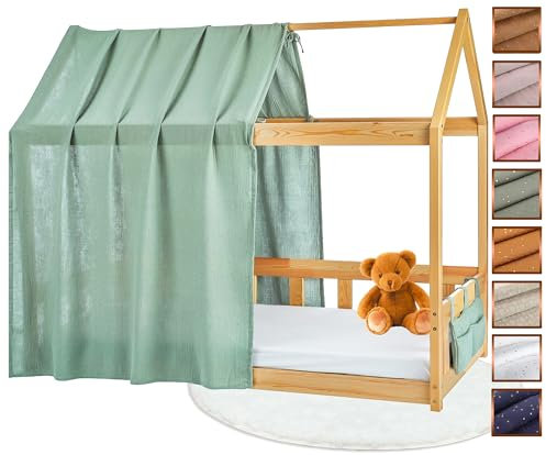 Lovely Hippo Hausbett Himmel - 100% Baumwolle - Betthimmel Hausbett aus Musselin - Bett Vorhang Kinderbett - Himmelbett Vorhänge 90x200cm (Eukalyptus/Gold Tasche, 120 x 370 cm (1er Set))