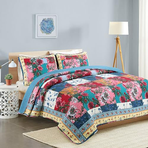 XIUWOUG Tagesdecke 220X240 /240X260 Baumwolle Bettüberwurf, Stepp Decke Quilt Überwurf Bett,Patchwork-Tagesdecke Mit Aufdruck Tagesdecke Mit Kissen Set,220x240cm