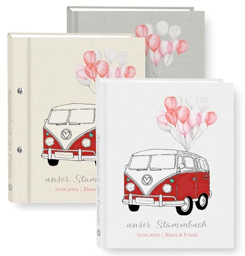 Stammbuch der Familie personalisiert Oldtimerbus Weiß Beige Grau A5 A4 Familienstammbuch Oldtimer Bus rot Retro Stammbücher Handarbeit