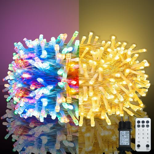 Meision LED Lichterkette Außen Innen 10 Meter 100 LED, 4 Farbwechsel Weihnachtsbaum Lichterkette mit Fernbedienung, Timer, Memory-Funktion, Wasserdicht für Balkon