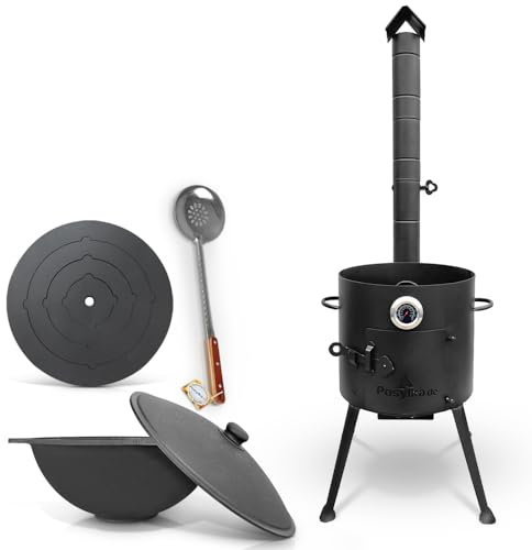 Feuerofen Ø 36 сm mit Thermometer und Herdplatte 4 Ringe 40 cm Gusseisen Kazan Flacher Boden mit Deckel Ø 36,7 cm (10 L) Schaumlöffel (08602377)