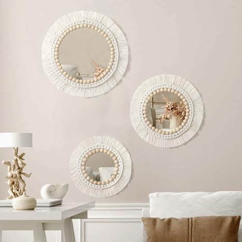 SOMYTING Juego de 3 espejos de pared de macramé, decoración de pared redonda, estilo bohemio con pluma de macramé, cuerda de algodón hecha a mano, espejo redondo para apartamento, dormitorio, hogar,