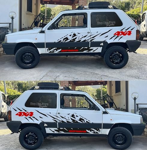 Adesivi Stickers Grafica Astratta 4x4 compatibili con Auto Fiat Panda (Nero Opaco con scritte in Rosso)