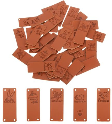 QUARKZMAN 50 Stück Handgemachte Leder Etiketten zum annähen Handmade Label PU Leder Handgefertigt Geprägtes Etikett für Verzieren Selbermachen Nähen Basteln, 50x20mm, 5 Stile