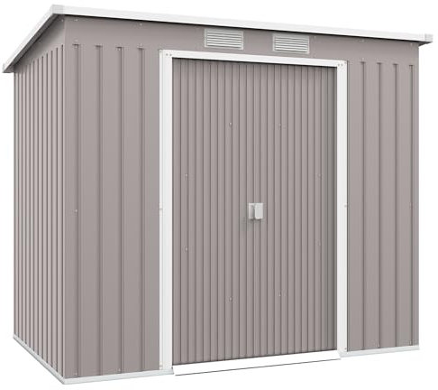 Outsunny 7 x 4ft Lean to Garden Shed with Foundation Kit, Double Door and Vents, Outdoor Metal Storage Shed for Equipment Tools, Grey