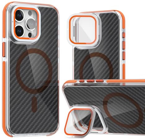 AKABEILA Custodia magnetica per iPhone 11 Pro Max con protezione per fotocamera integrata, supporto in fibra di carbonio traslucida PC posteriore TPU copertura paraurti 6,5 pollici arancione
