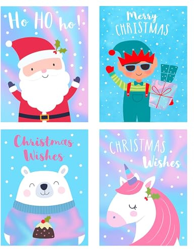 YLAB 32 Mini Weihnachtskarten für Kinder - lustige Kids Motive - Weihnachtsmann, Elf, Einhorn & Eisbär - ideal für Schulfreunde - inklusive Umschlägen - 8,5 x 6 cm