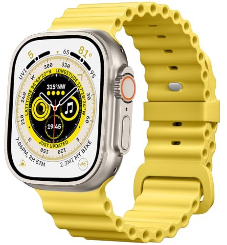 CeMiKa Cinturini Ocean Compatibile con Cinturino Apple Watch 49mm 46mm 45mm 44mm 42mm, Cinturino in Morbido Migliorato con Fibbia Progettato per iWatch Ultra 2 Ultra Series 10 9 8 7 6 5 4, Giallo