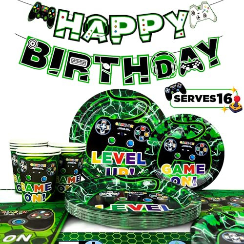 Video Game Party Supplies,For 16 Video Game Party Tableware Set Plates and Cups and Napkins Decorations Banner etc Green Birthday Supplies