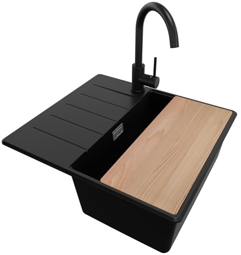 PRIMAGRAN Fregadero Granito Negro 55x50cm, Cocina 1 Seno + Grifo 32x20cm + Sifón + Tabla de cortar, Sobre encimera al mueble 40cm - Copenhague S288
