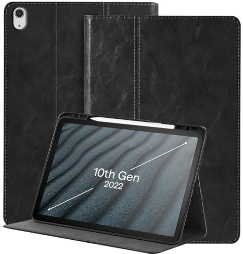NANRUIL Funda para iPad de 10ª generación y iPad Décima Gen 10.9 pulgadas 2022 de piel auténtica, funda protectora para tableta, con soporte para bolígrafo y guardias de coche/dormir, color negro