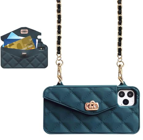 UnnFiko Wallet Phone Case Compatible with iPhone 16 Plus, Cute Luxury Bag Design, Purse Flip Card Pouch Cover Soft Silicone Case with Handstrap Long Shoulder Strap (Dark Green, iPhone 16 Plus)
