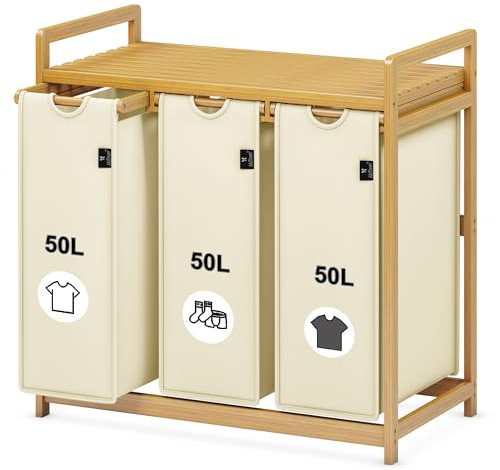 Tiklife Panier à linge en bambou avec 3 compartiments, extensible et amovible, 150 l, beige