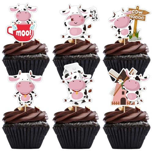 36 piezas cupcakes Topper vaca lechera decoración para tartas temática granja cumpleaños para baby shower vaca, granja animal zoológico temas niños niños niñas cumpleaños fiesta